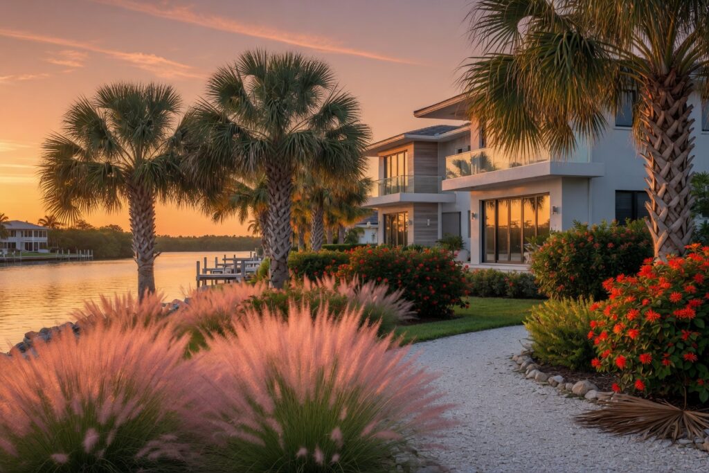 Ultra-realistic 8K photograph of a beautiful Cape Coral front yard featuring native Sabal palms, colorful Firebush, and Muhly grass with a modern waterfront home in background, golden hour lighting, vibrant yet natural Florida colors