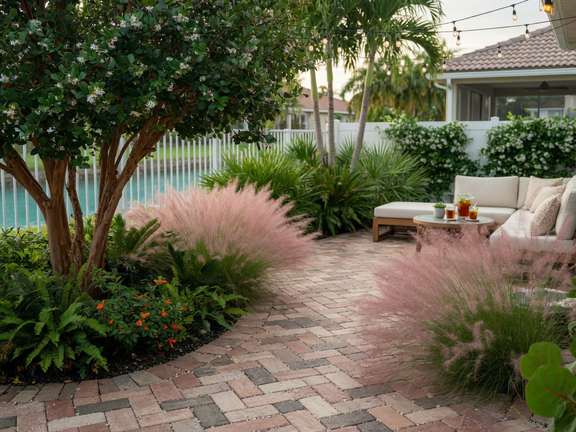 8K photograph of a permeable paver patio surrounded by native Florida plants including Simpson Stopper and Muhly grass in a Cape Coral backyard oasis, luxury outdoor living