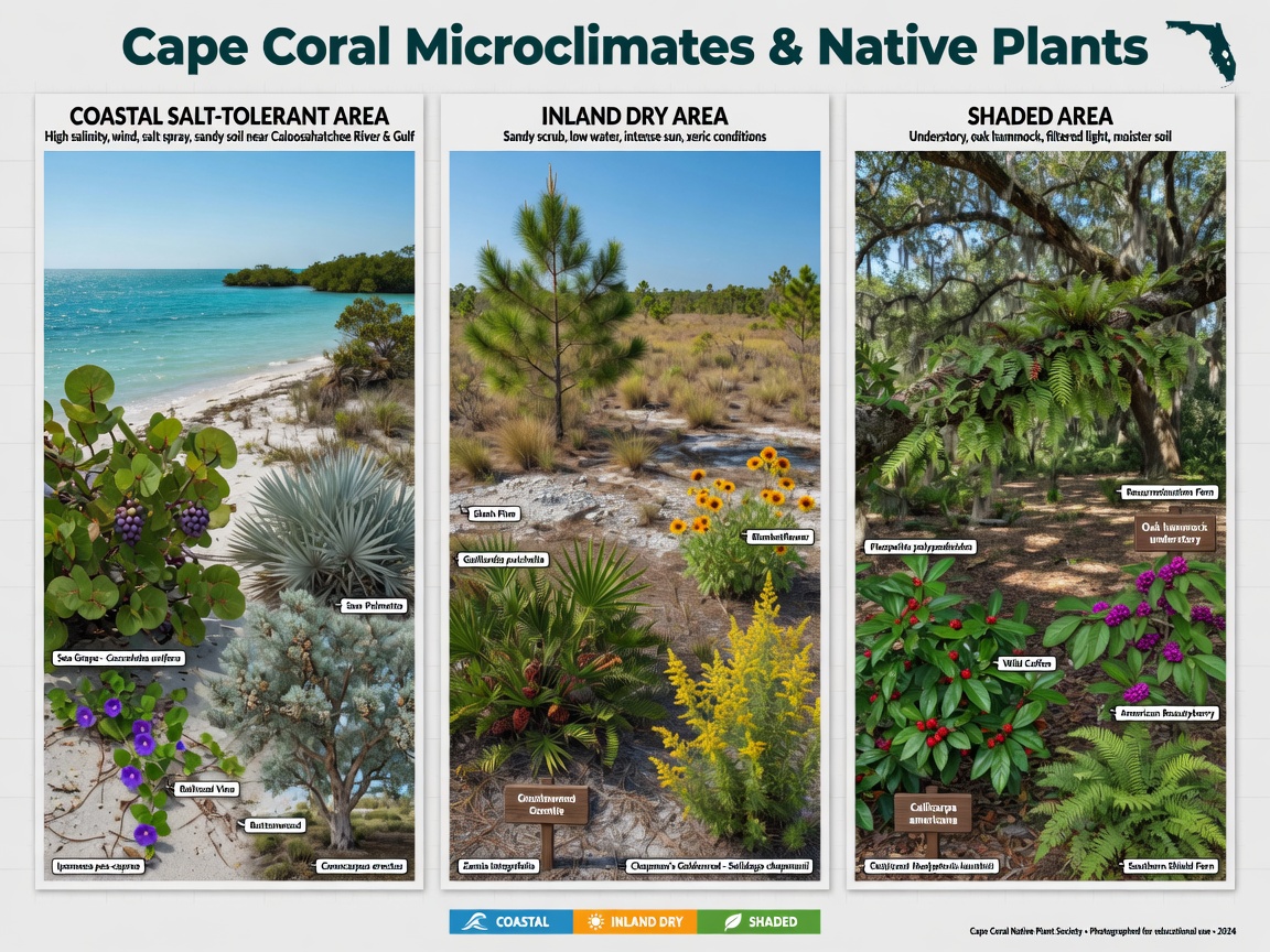 Educational image showing different Cape Coral microclimates with appropriate native plants labeled: coastal salt-tolerant area, inland dry area, and shaded area, 8K clarity