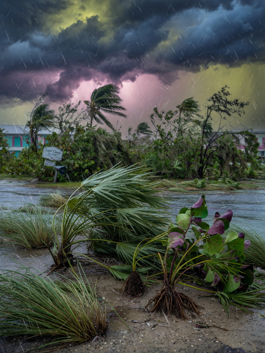 Dramatic 8K image of a Cape Coral native landscape surviving a hurricane with bent but unbroken plants, strong winds, rain, and dark storm clouds above