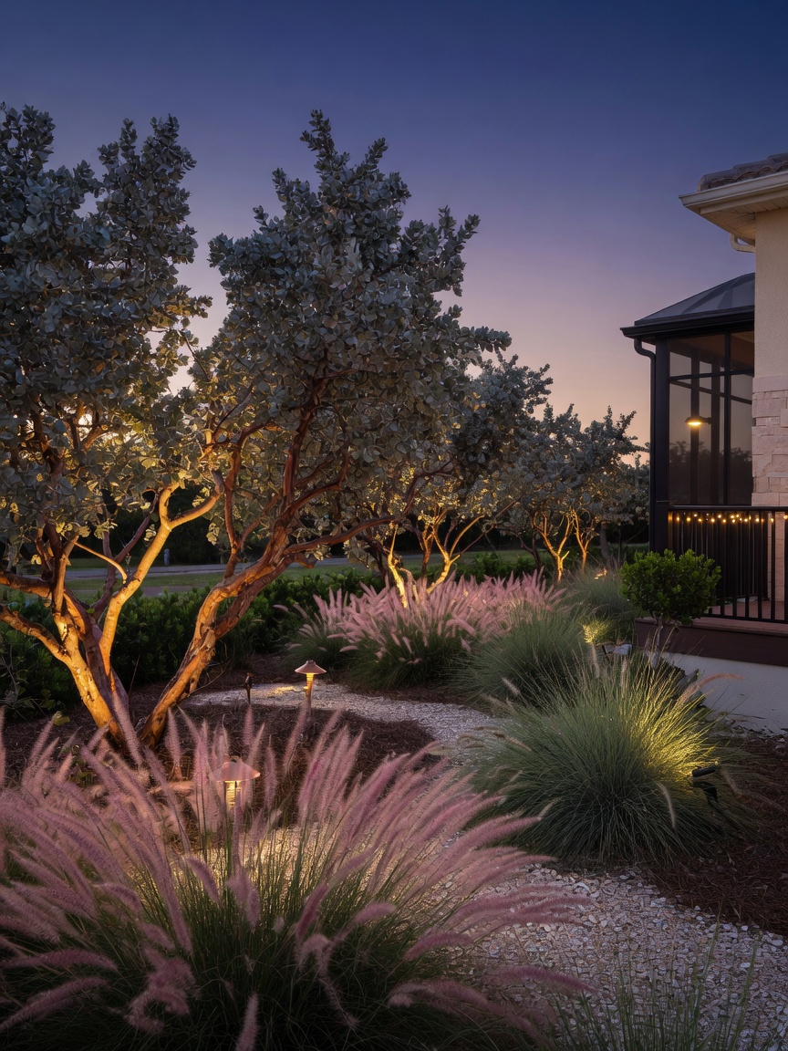 Elegant evening view of a Cape Coral native landscape illuminated with subtle landscape lighting highlighting textures of Buttonwood and ornamental grasses, luxury residential style