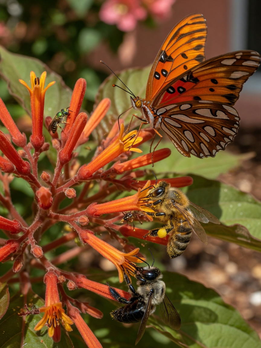 Detailed 8K macro photograph of beneficial pollinators including butterflies and bees on native Firebush flowers in a Cape Coral garden, natural sunlight