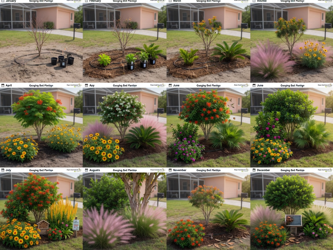 Time-lapse style composite image showing the 12-month growth progression of a newly planted Cape Coral native landscape from bare to fully established, educational and beautiful