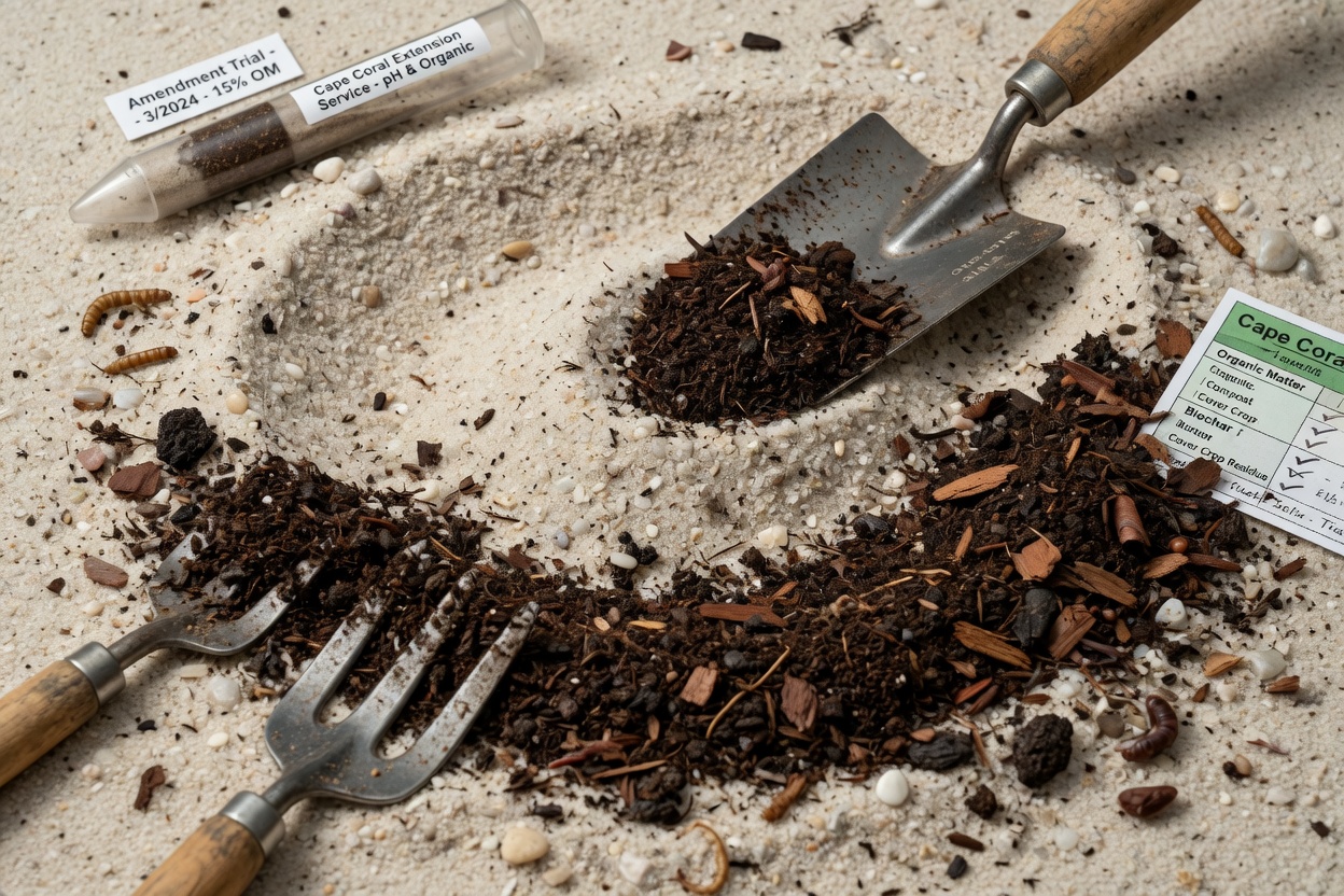 Extreme close-up of sandy Cape Coral soil being amended with organic matter, showing texture and composition with gardening tools nearby, scientific educational style, 8K detail