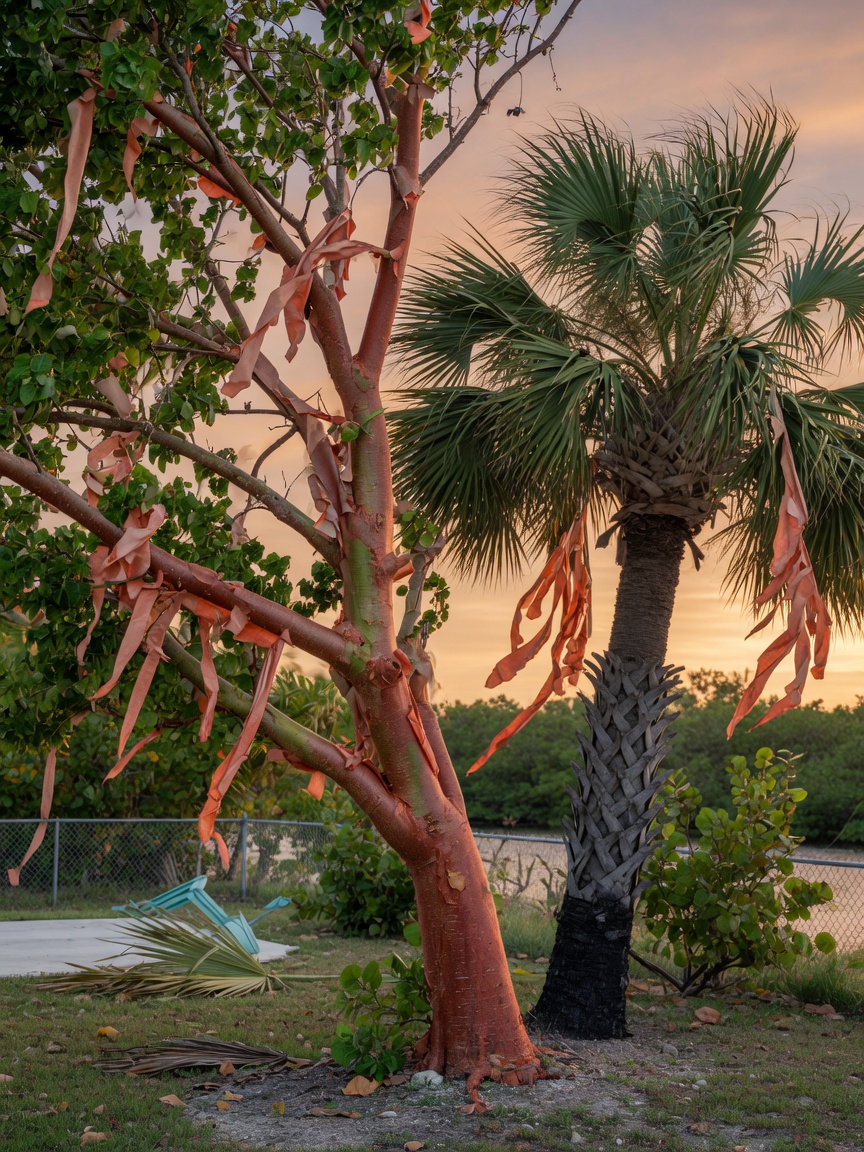Professional 8K image of Gumbo Limbo tree with peeling bark next to a Sabal palm in a Cape Coral backyard, demonstrating wind resistance, natural coastal environment