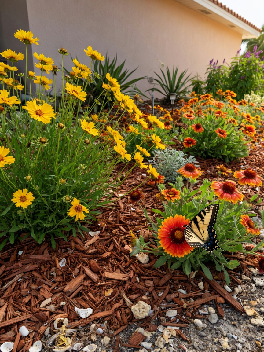 Ultra-realistic photo of drought-tolerant native wildflowers including Coreopsis and Blanket Flower in full bloom in a Cape Coral garden bed with decorative mulch, butterfly visible, vibrant colors