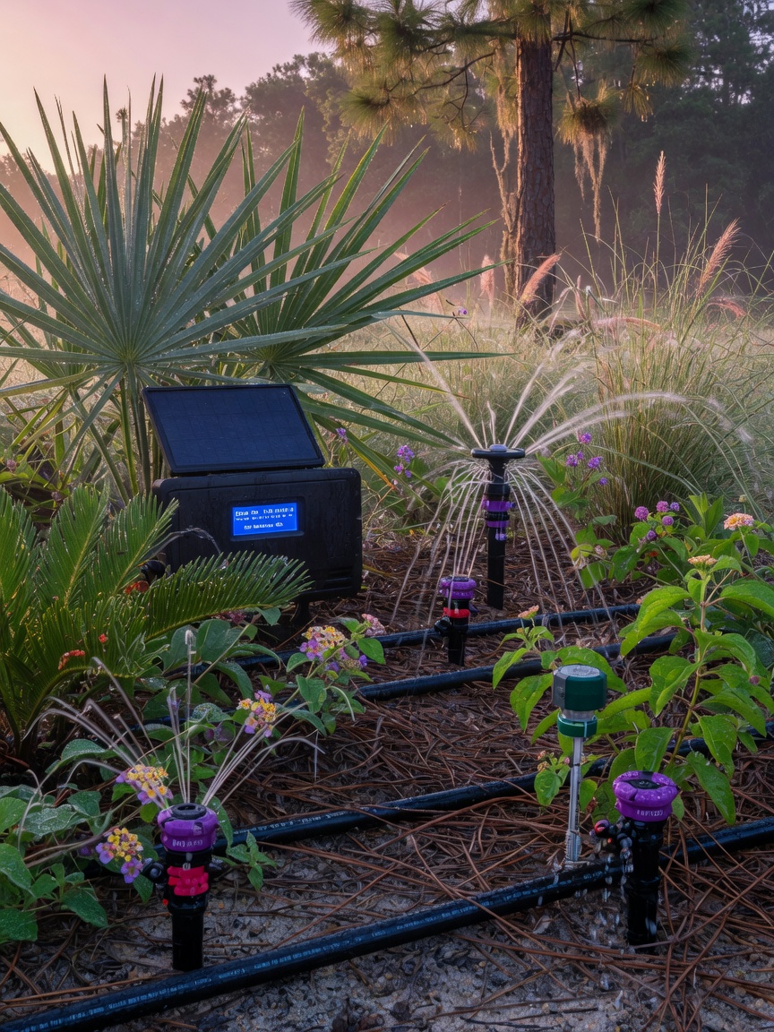 Detailed 8K shot of a smart irrigation system with drip lines and rotary nozzles installed in a native Florida landscape, water droplets on plants, early morning light