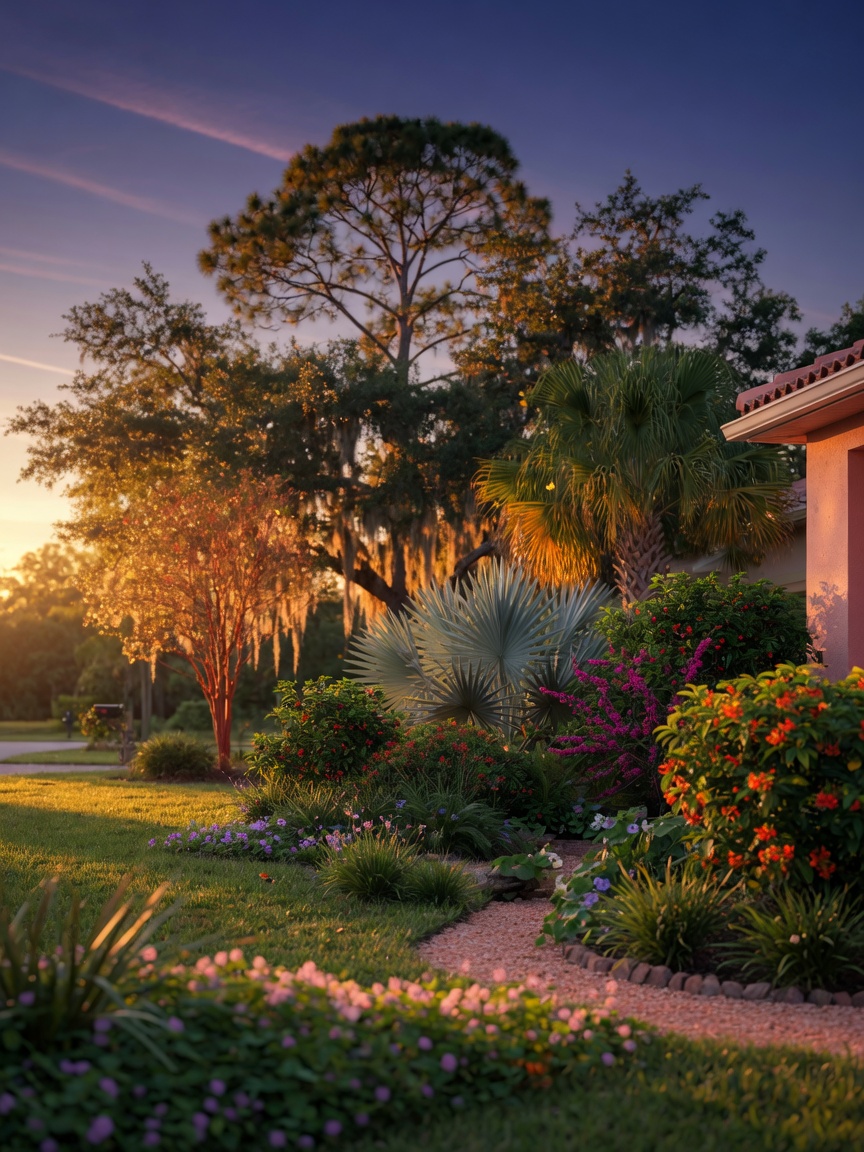 Beautiful layered native plant landscape design in Cape Coral showing canopy trees, mid-level shrubs, and low groundcovers creating natural habitat, professional landscaping photography