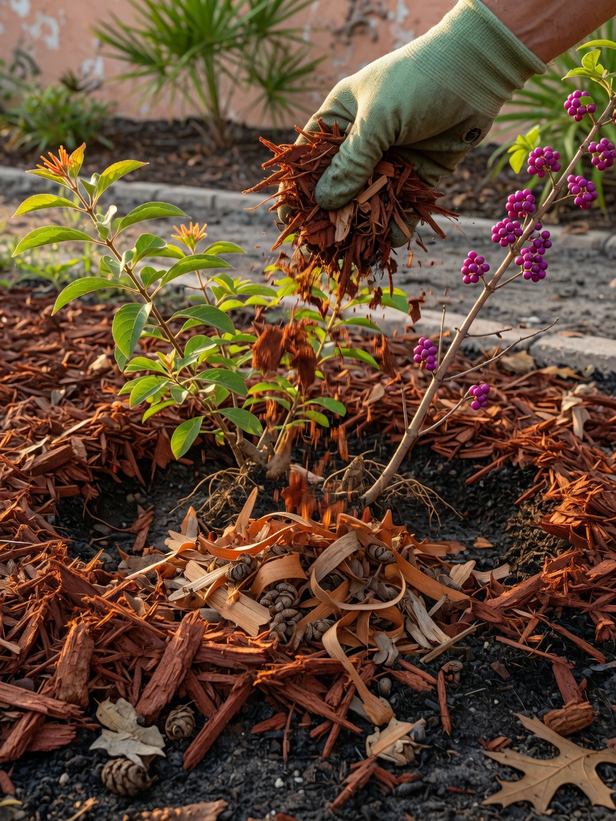 Close-up of melaleuca mulch being applied around base of Firebush and Beautyberry plants in a Cape Coral yard, showing proper mulch depth and spacing from stems, 8K detail