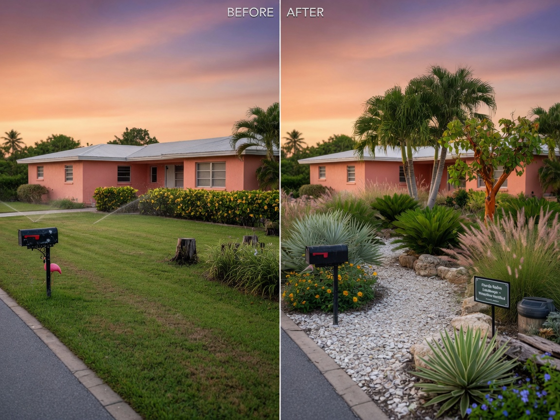 Ultra-realistic before and after split image of a Cape Coral property transformation from traditional grass lawn to native drought-tolerant landscaping, side-by-side comparison