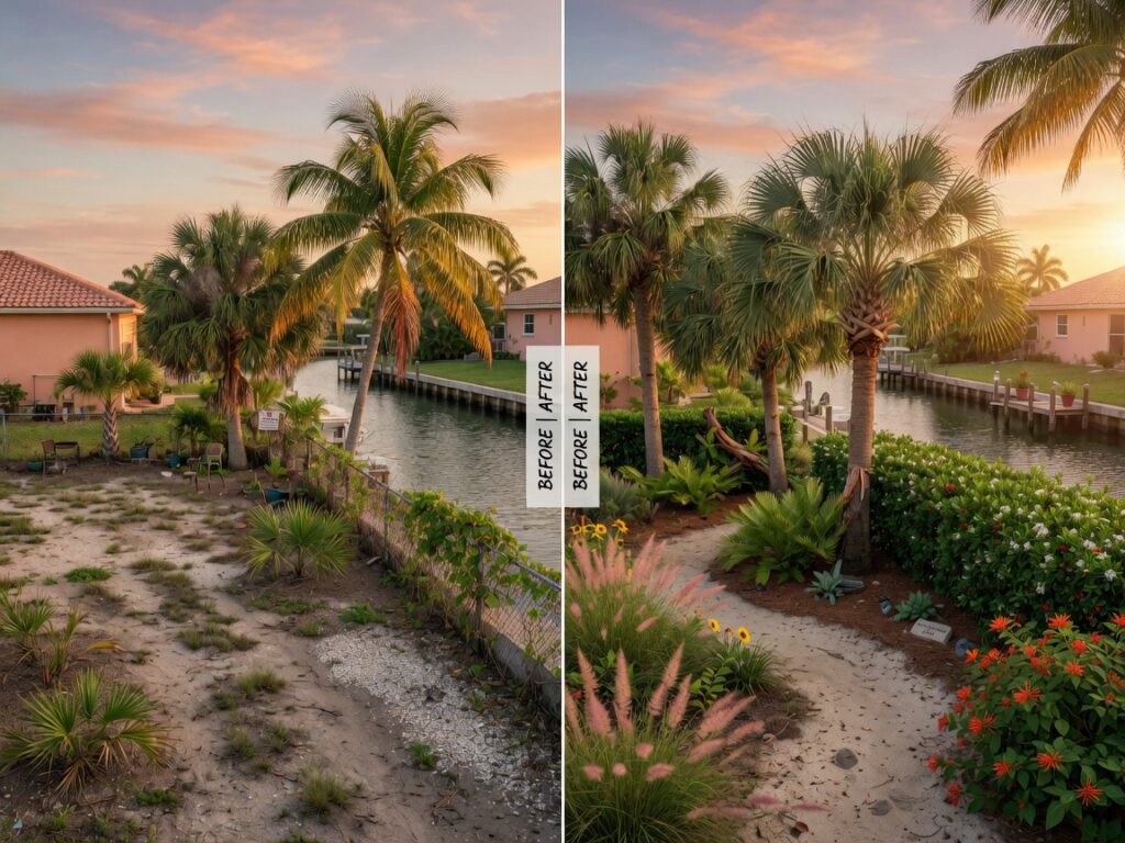 Ultra-realistic 8K photograph of a stunning before-and-after native plant transformation in a Cape Coral canal-front backyard at golden hour, lush Sabal palms, Firebush and Simpson's Stopper, realistic sandy soil and tropical vegetation, warm subtropical lighting, photorealistic details, no artifacts