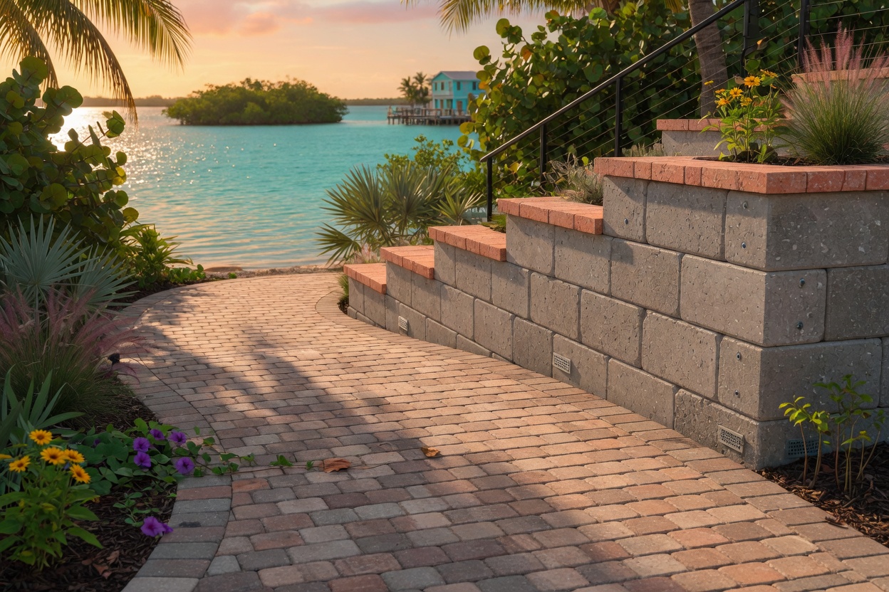 Hyper-realistic 8K photograph of an elegant paver walkway and retaining wall system designed for high wind resistance in a Matlacha waterfront home, native landscaping, turquoise water background, golden hour lighting