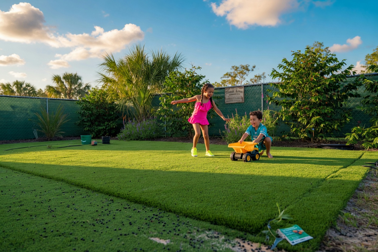 Photorealistic 8K photo of artificial turf installation in a Lehigh Acres backyard with children playing, perfectly realistic synthetic grass texture, native privacy plantings, sunny Florida sky, joyful atmosphere