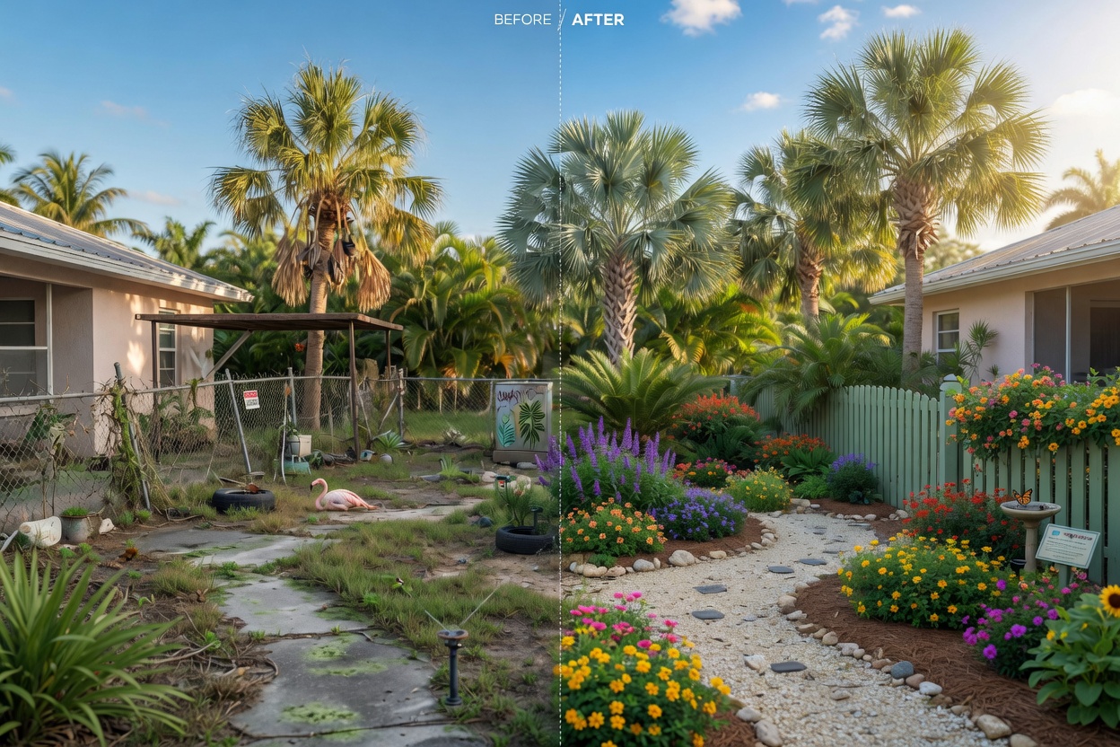 Hyper-realistic 8K image showing a dramatic before-and-after split view of a neglected Cape Coral yard transformed into a native plant paradise with Sabal palms and colorful tropical flowers, bright daylight
