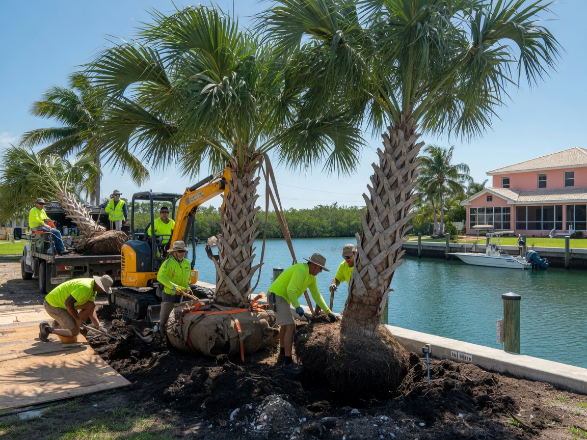 Photorealistic 8K image of professional landscaping crew carefully installing mature Sabal palm trees along a Cape Coral waterfront property, bright Florida sunshine, detailed textures on palm fronds and soil, natural tropical light, ultra detailed