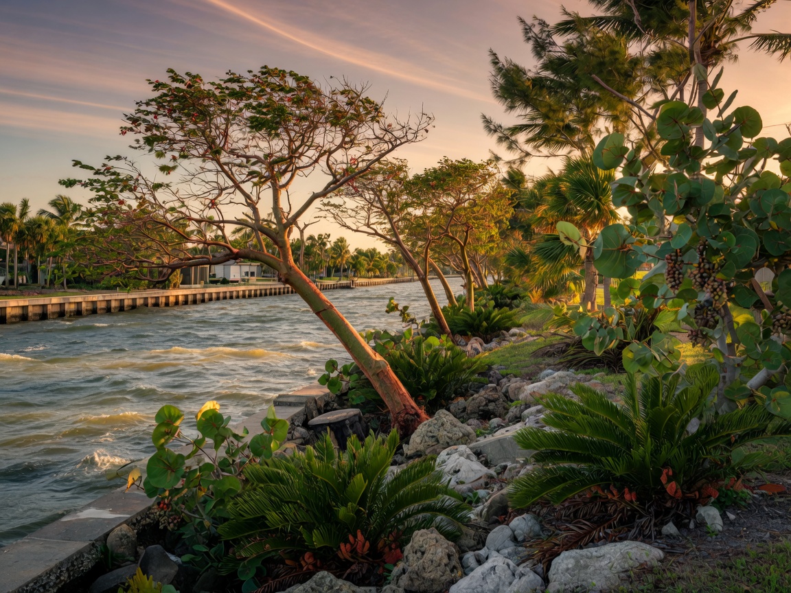 Photorealistic 8K photograph of a hurricane-resilient landscape design featuring Gumbo Limbo trees, Sea Grape, and Coontie plants along a Cape Coral canal bank, salt-tolerant vegetation, realistic wind-swept appearance, subtropical golden light