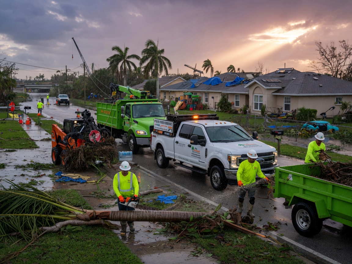 Cinematic 8K photo of My Tri-County Landscape crew performing storm cleanup and debris removal after a hurricane in Cape Coral, professional trucks and equipment, realistic post-storm conditions with fallen branches, dramatic but hopeful lighting