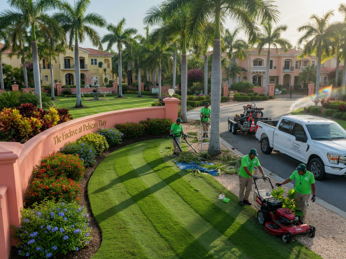 Ultra-realistic 8K image of a commercial landscaping maintenance crew working at a luxury Naples HOA community, perfectly manicured lawns, palm trees, colorful native shrubs, professional uniforms, bright morning light