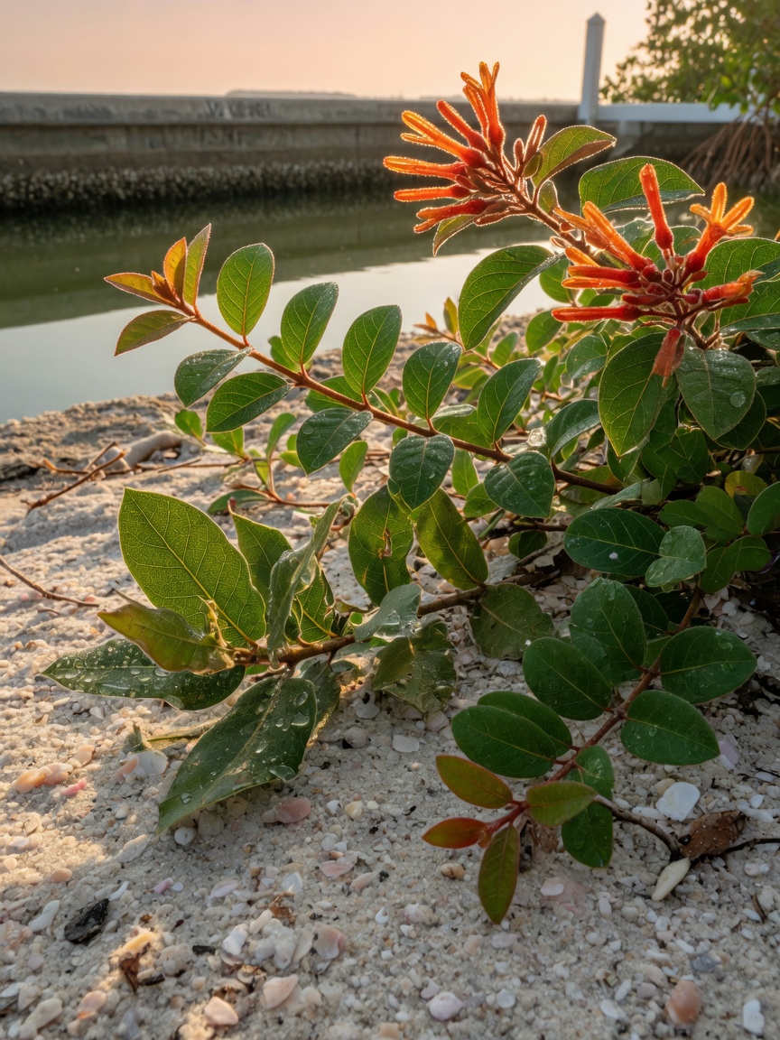 Photorealistic 8K close-up of salt-tolerant native plants including Live Oak, Simpson's Stopper and Firebush thriving in alkaline sandy soil near a Cape Coral canal, morning dew, intricate leaf detail, natural sunlight